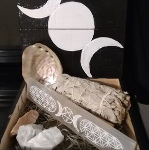 triple moon wooden box smudge gift set